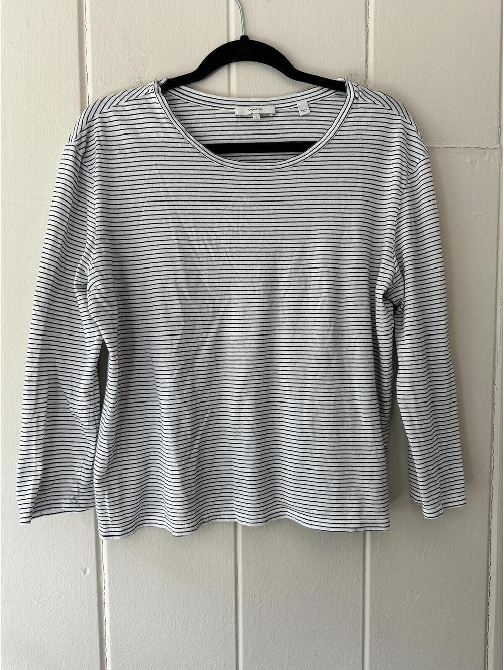 Vince Super Soft 100% Pima Cotton Black White Striped Long Sleeve Tee Size Large